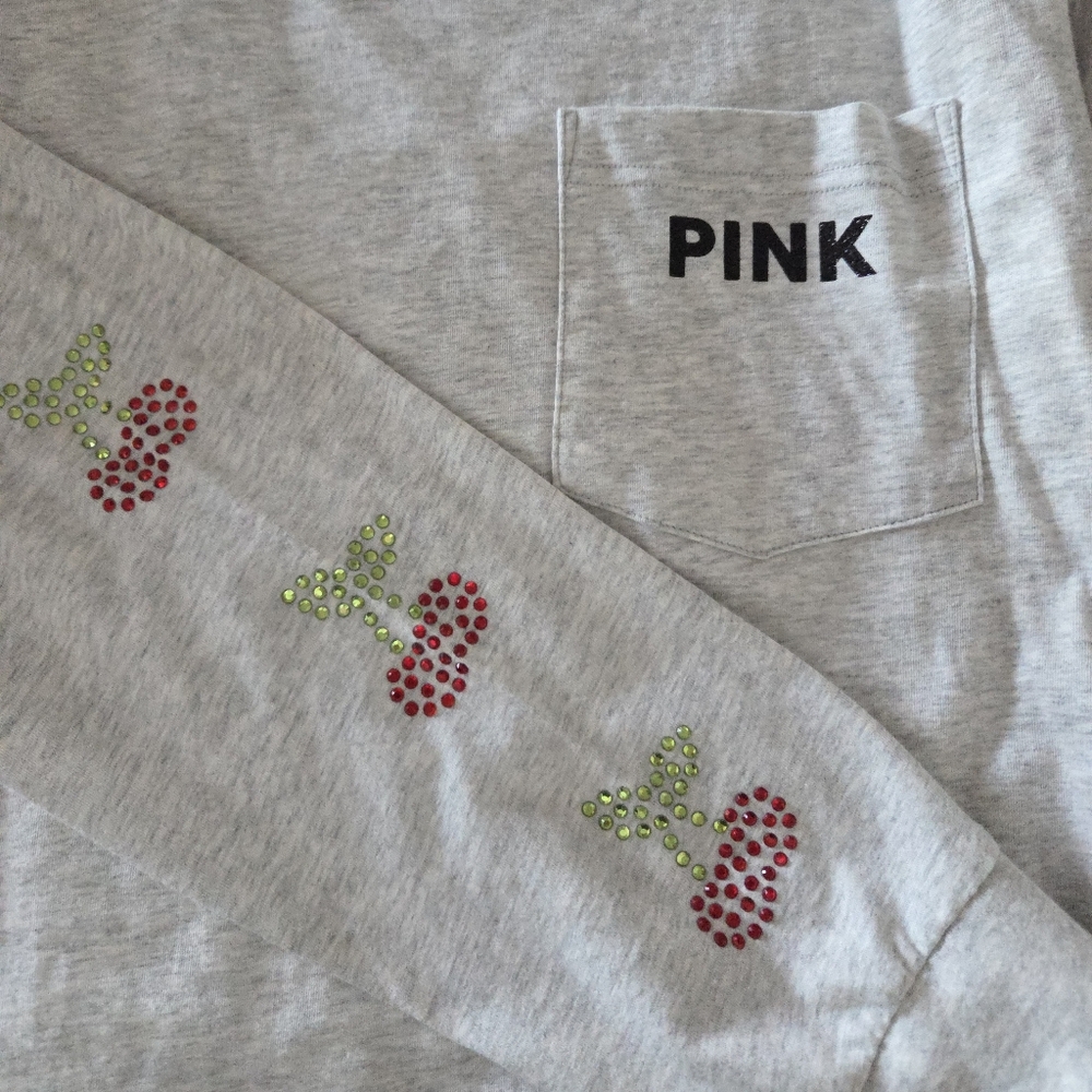 NWT PINK Victoria’s Secret Bling Cherry Long Sleeve Tee - Gray - Picture 7 of 7